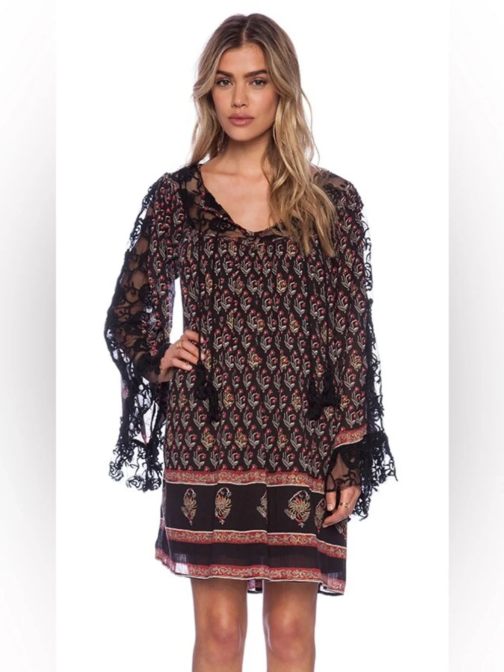 Free People Nomad Printed Chiffon Tunic Dress Black Combo Size M